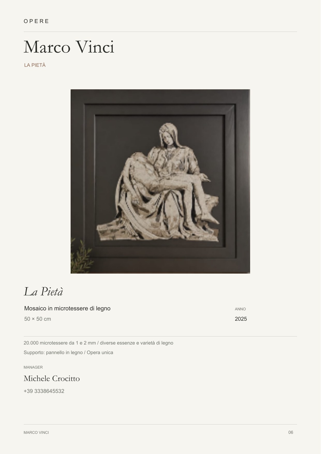 Marco Vinci — La Pietà, mosaico in microtessere di legno, 50 × 50 cm, 2025