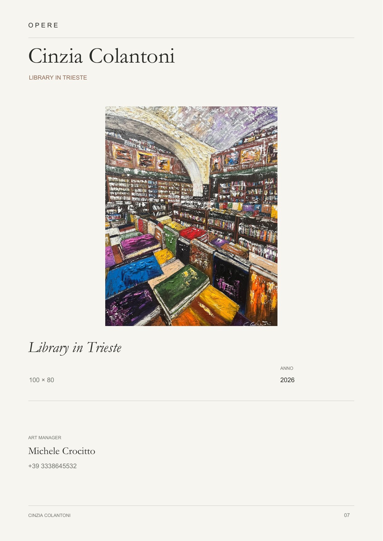 Cinzia Colantoni — Library in Trieste, 100 × 80, 2026